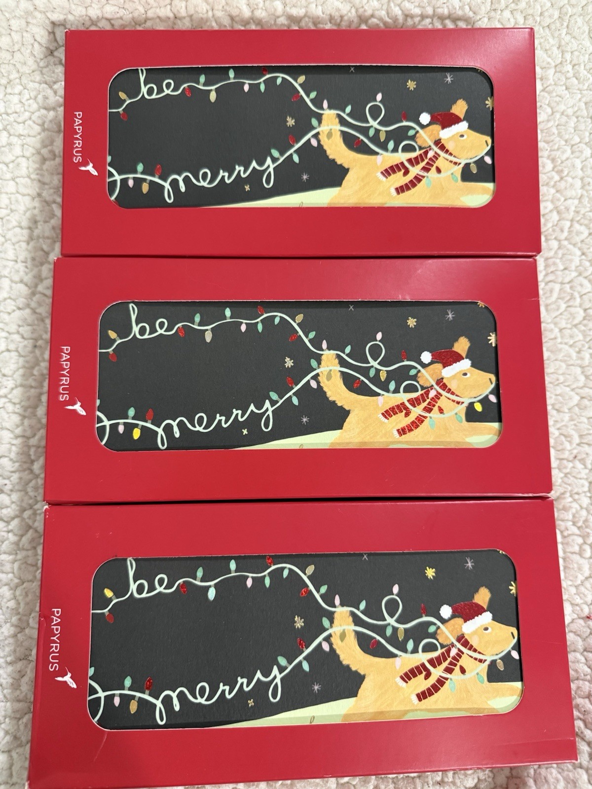Papyrus Holiday Card Puppy With Lights “Be Merry” 3 Sets (48 Cards)