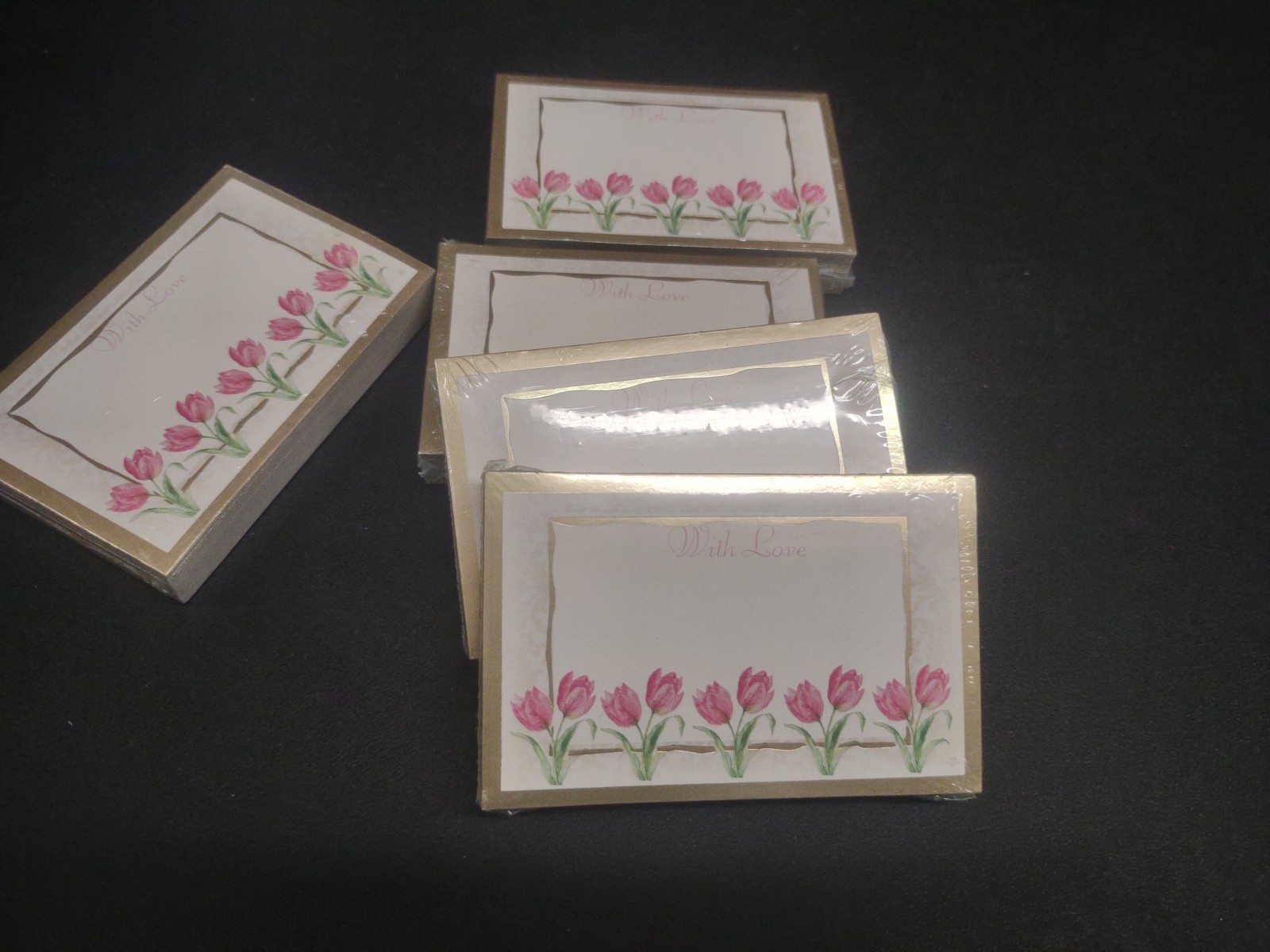 50 Floral Enclosure Cards, “With Love” Card, Gold Border & Tulip Garden