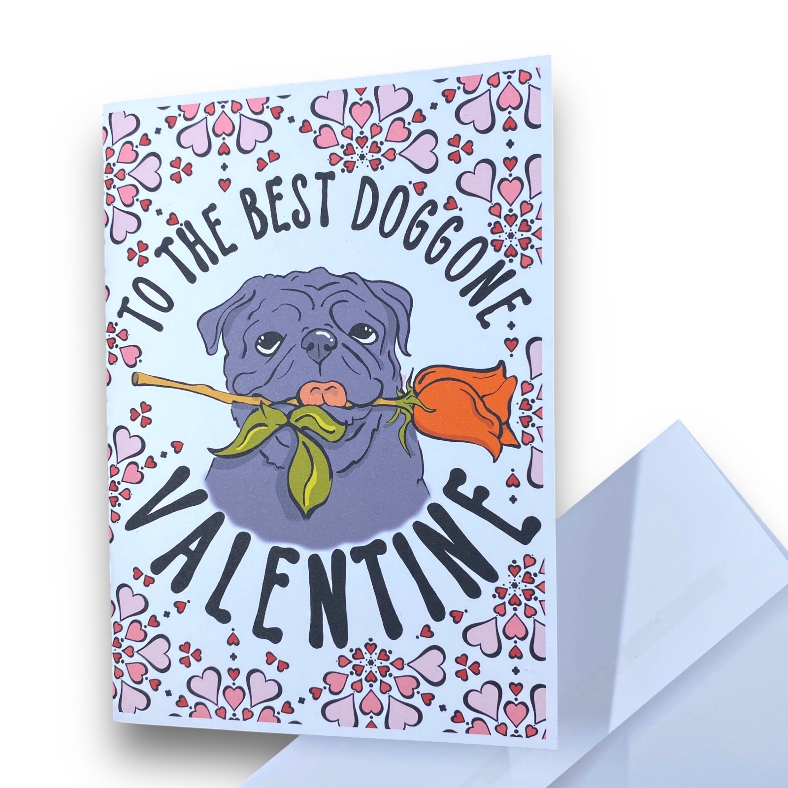 Pug Dog Valentines Day Card Handmade Holiday Card 5×7″ – Black