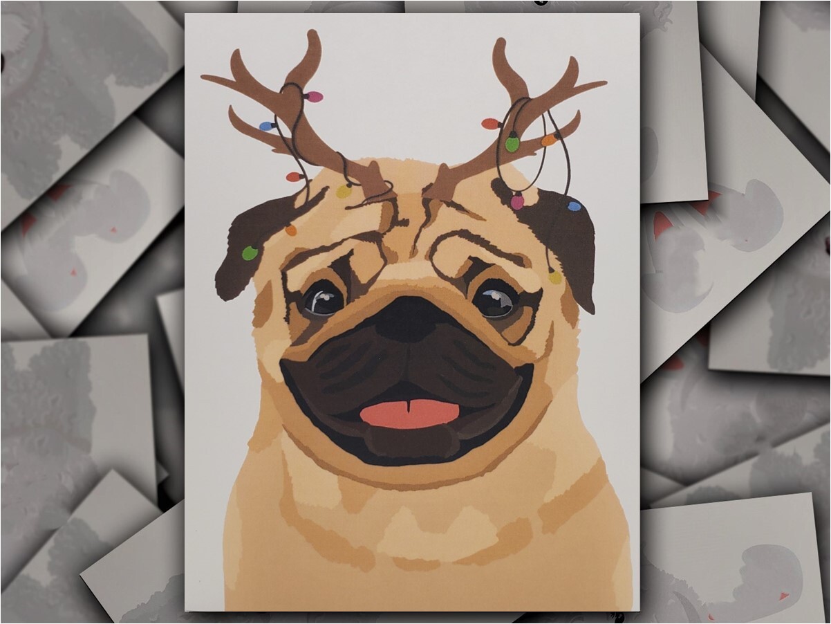Pug Dog Hand-Drawn Reindeer Christmas Card with Envelope
