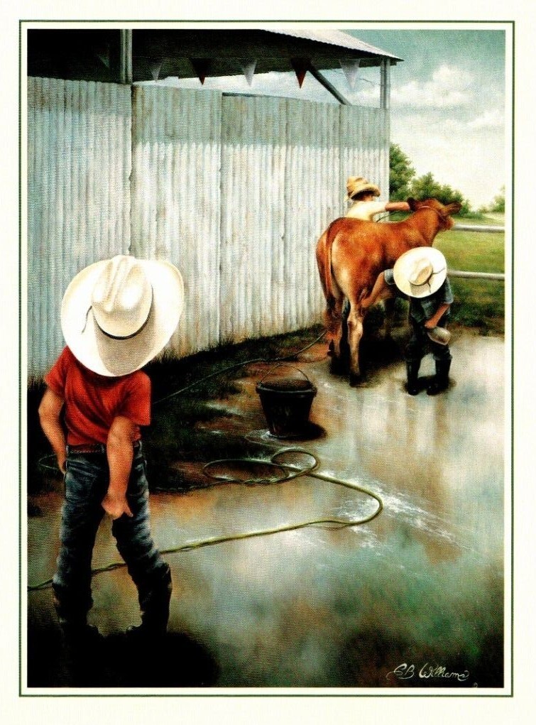 COWBOY BOYS WASHING CALF C.B. WILLIAMS Leanin’ Tree Get Well Greeting Card MG83