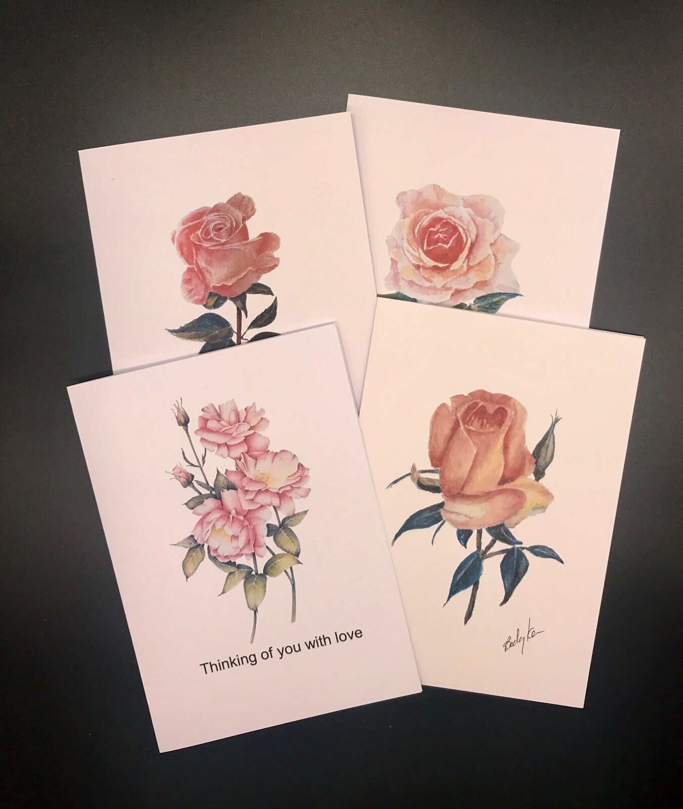 4 Lot Rose Blank Greeting Cards w/envelopes, Notecards, Original Art
