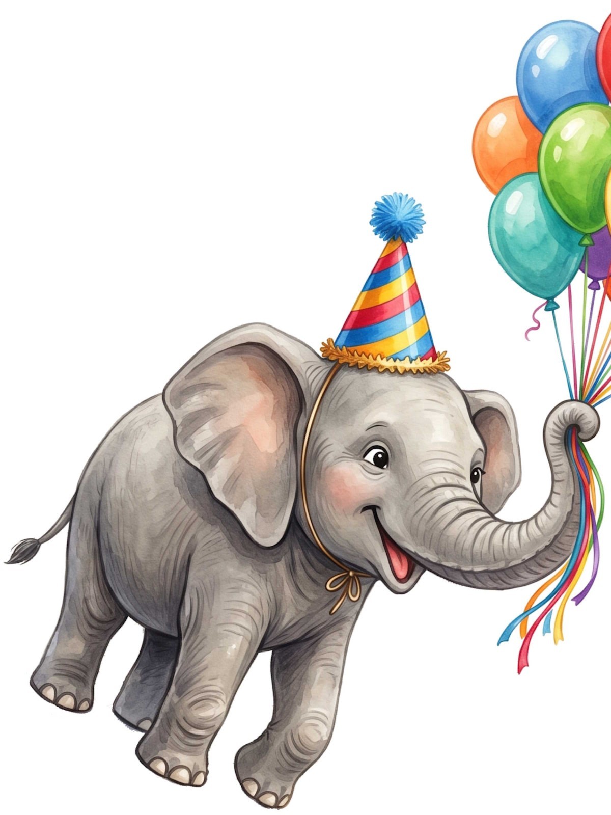 Whimsical Birthday Card, Elephant, Birthday Hat with Balloons, 5″ x 7″