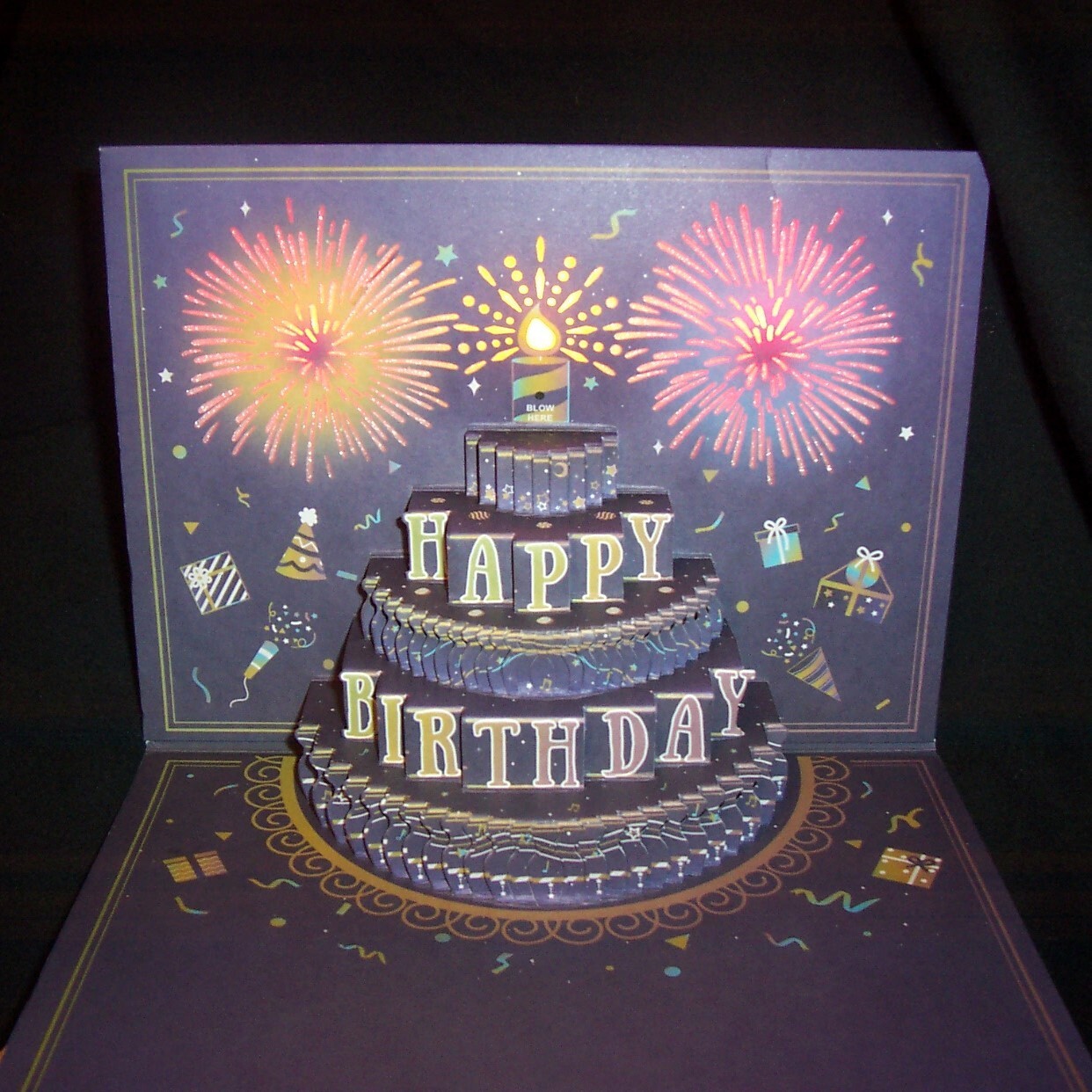 NEW 3-D Pop-up HAPPY BIRTHDAY Cake *FIREWORKS & MUSIC* Card 4th July COLORFUL!