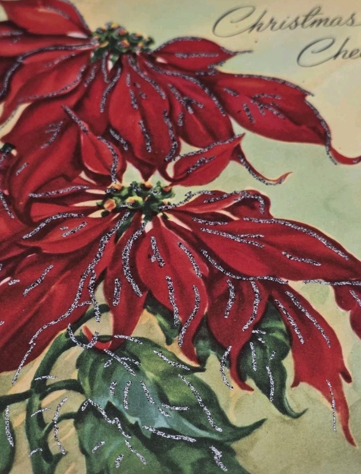 Vintage Christmas Cheer Poinsettia Flower Mica Glitter Accents Greeting Card