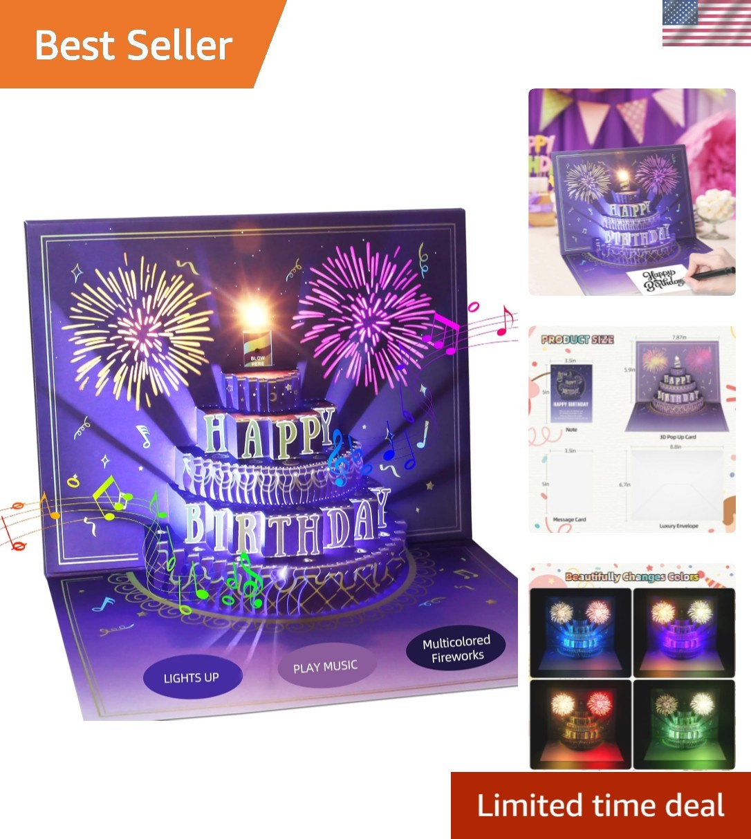Happy Birthday Cards Fireworks, Lights, Music and Sound Fireworks Cake 3D Pop…