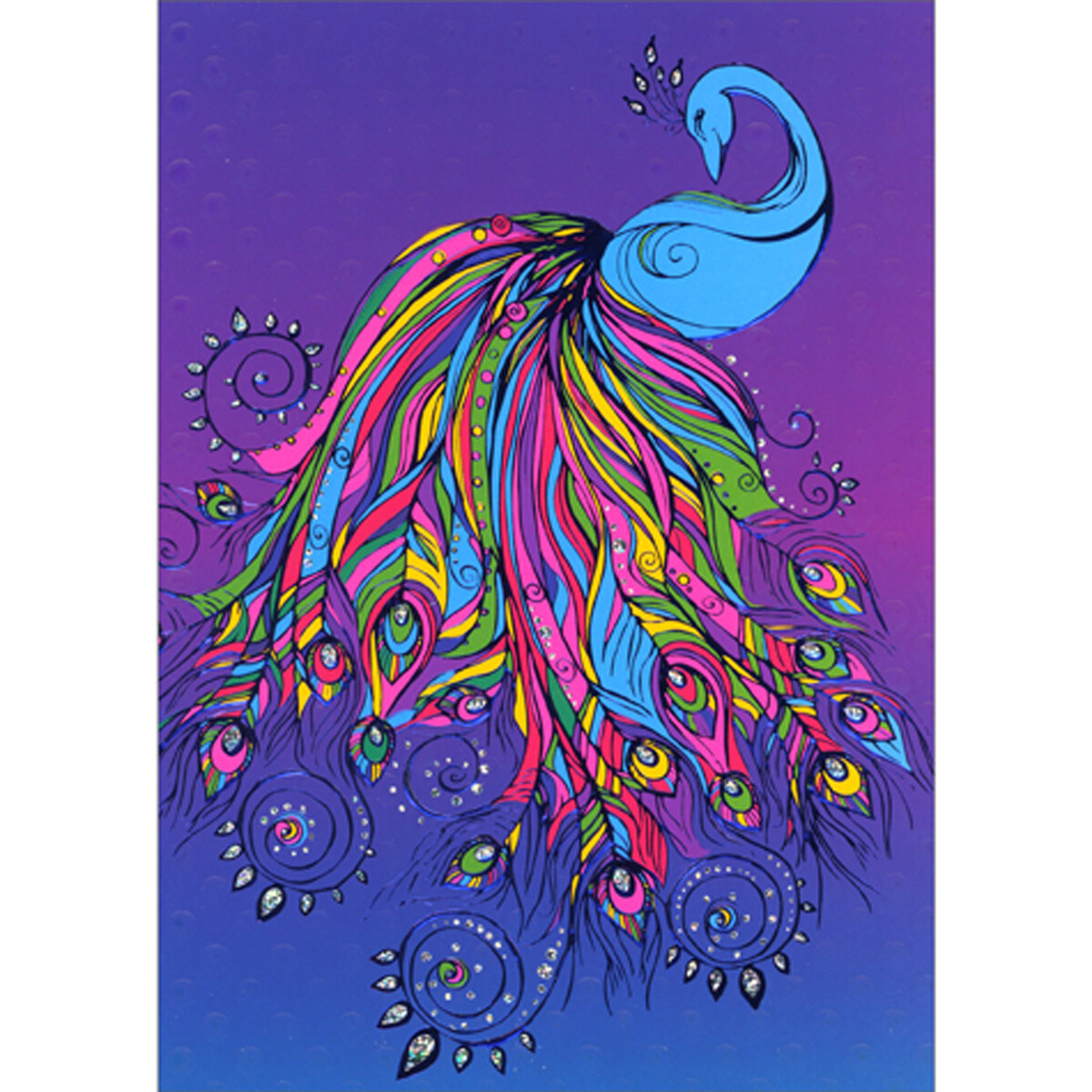 Colorful Foil Accented Peacock Tail on Purple A-Press Birthday Card for Woman