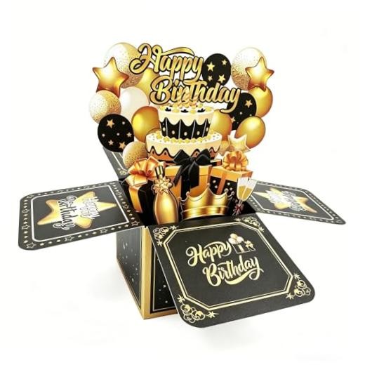 Pop Up Birthday Card, Black Gold 3D Box Card with Blank Note and Black-Gold