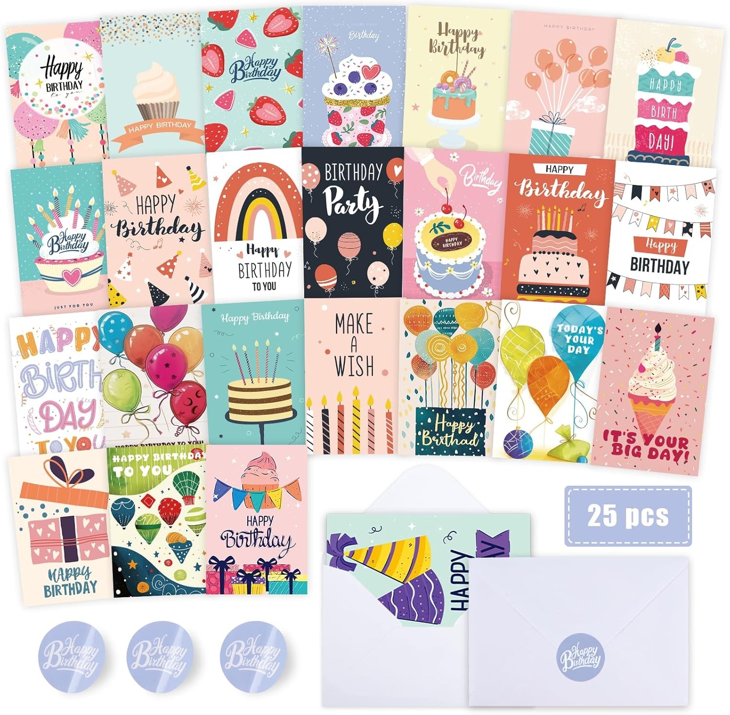 Birthday Cards,25 Pcs Blank Cards with Envelopes & Stickers,25 Design,4×6 Inches