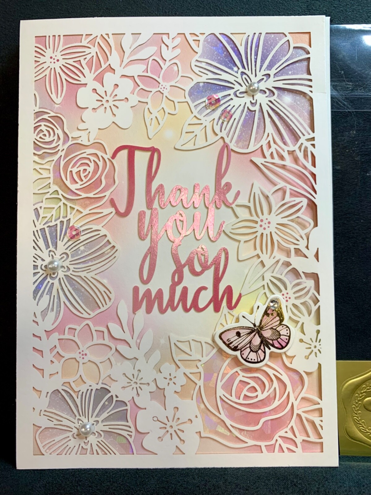 FREE SHIPPING @ $20! Thank You Card Pink Laser Cut Floral Butterfly Sequin Pearl