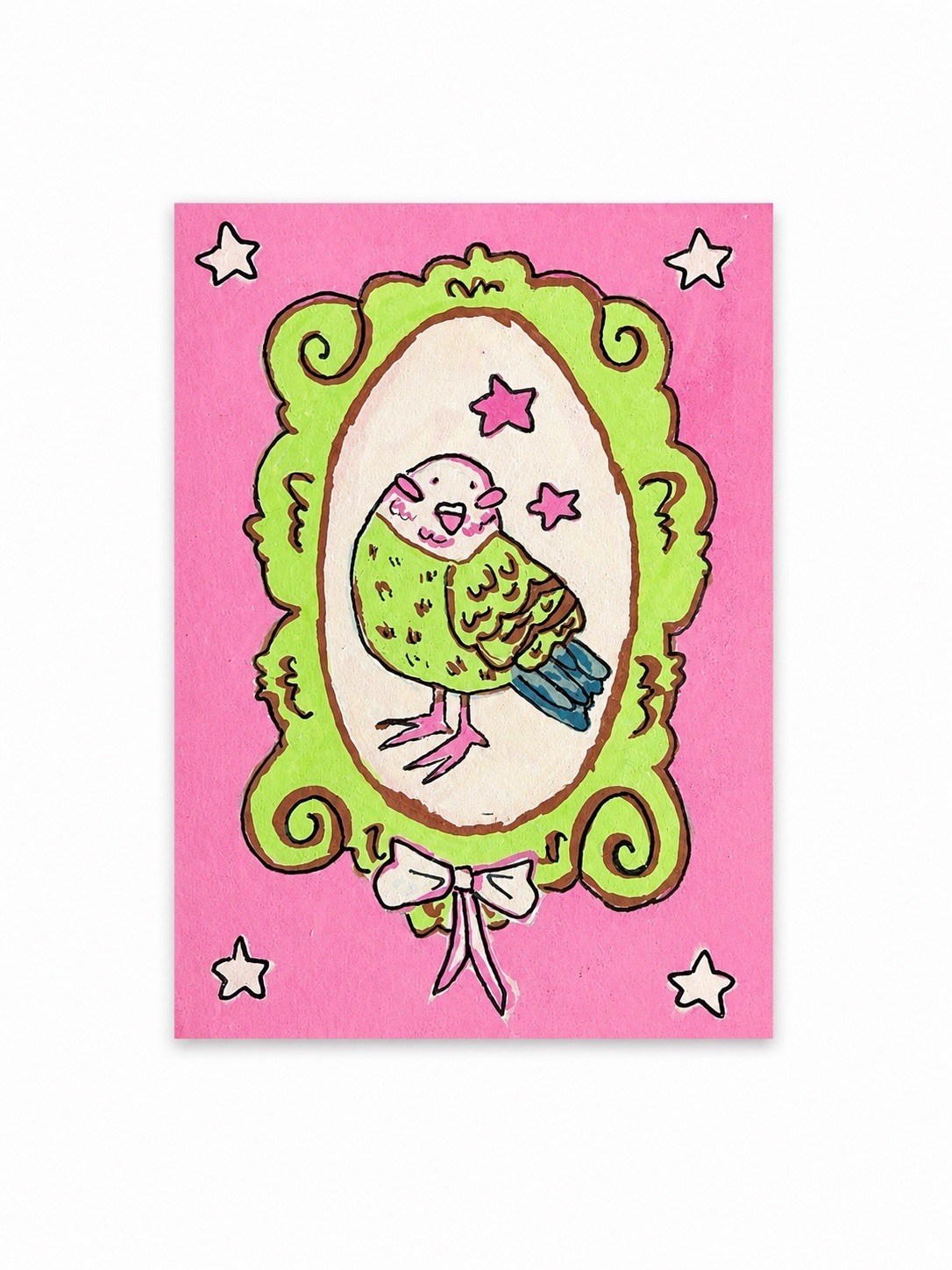ACEO ATC Original Cute Pigeon With Stars and Bows, Green and Pink