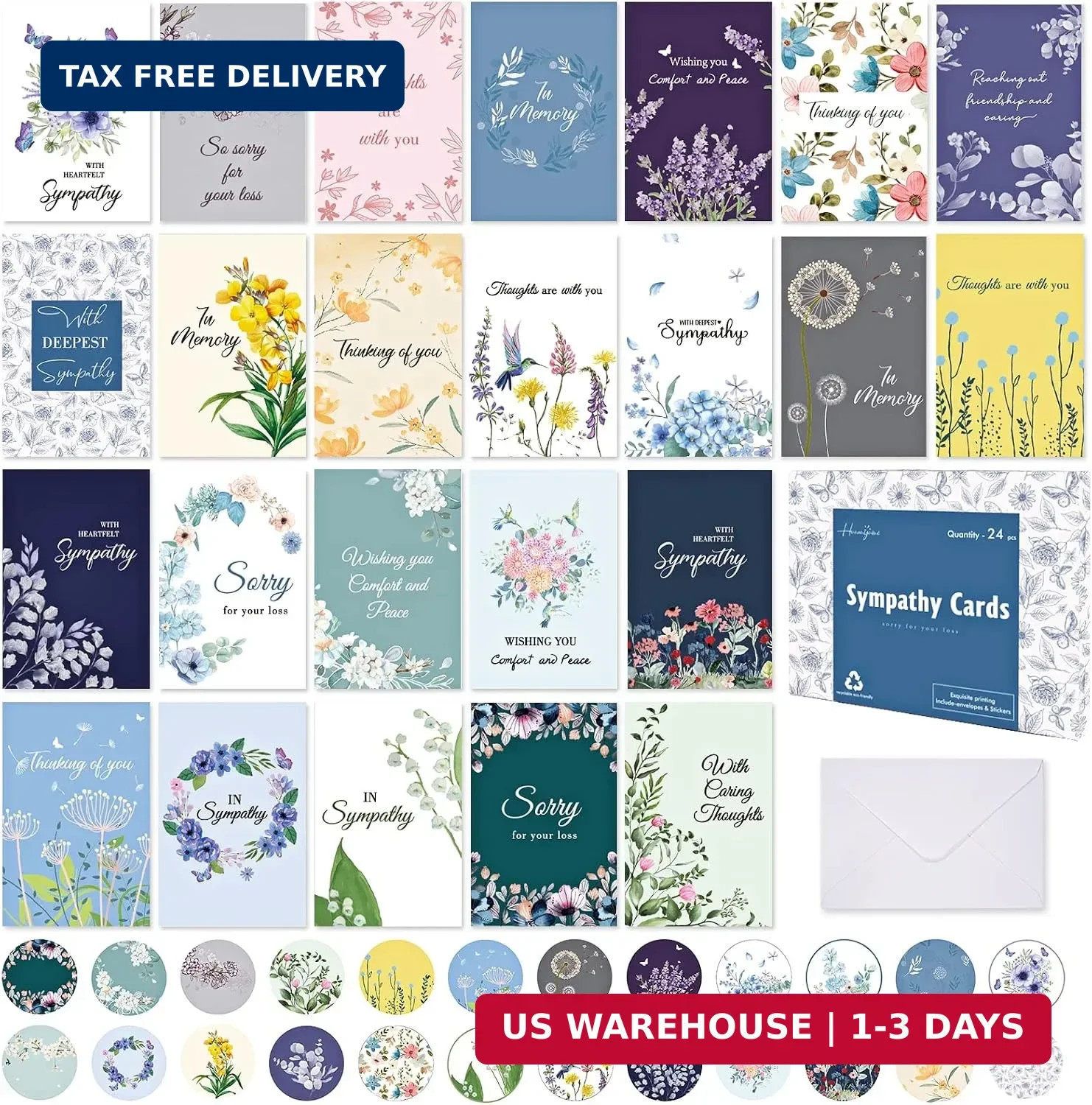 24 Unique Sympathy Cards with Envelopes and Stickers, Assortment Floral Butterfl