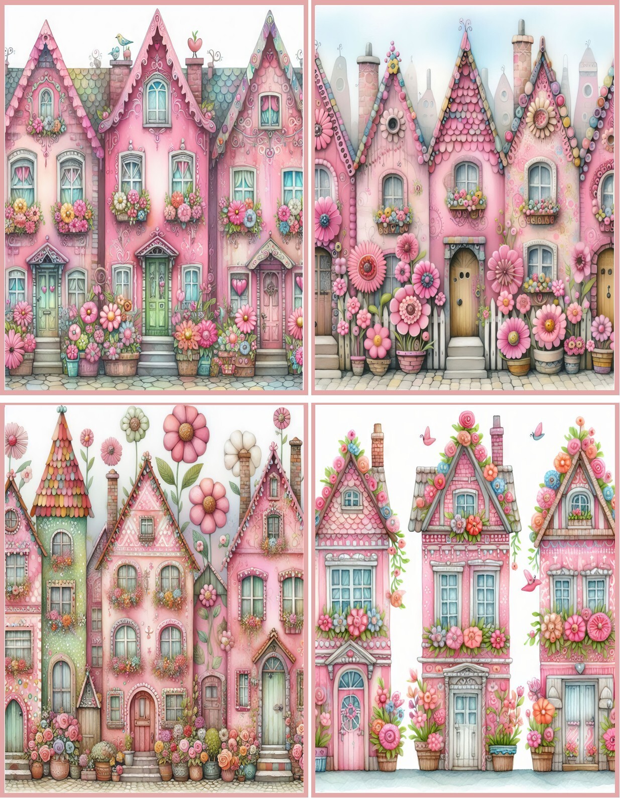 8 PINK TALL HOUSES FANTASY WHIMSICAL SHABBY CHIC FOLD OUT BLANK GLOSSY NOTE CARD