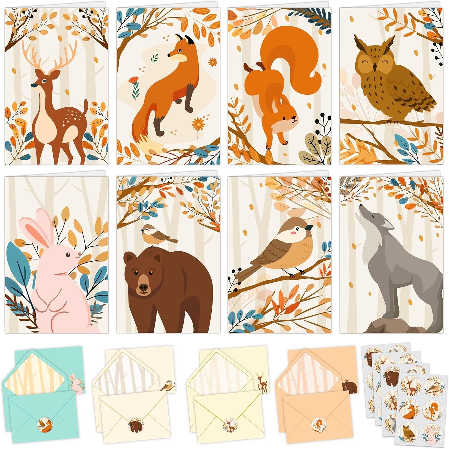 24 Pack 4x6in Woodland Note Cards for Kids with Envelopes and Stickers, 8 Forest