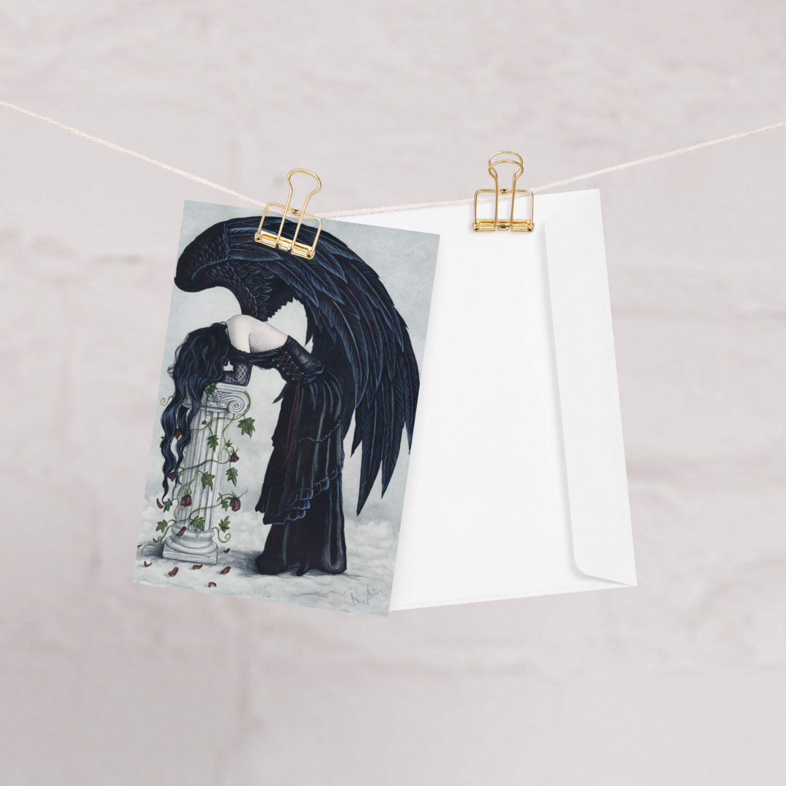Despair Gothic Fallen Angel Greeting Card Blank Dark Fantasy Art Note Cards Wing