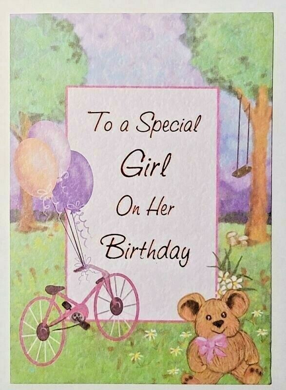 1 Birthday Greeting Card/Envelope Girl Kid Child Tree Bike Bear Special Balloons