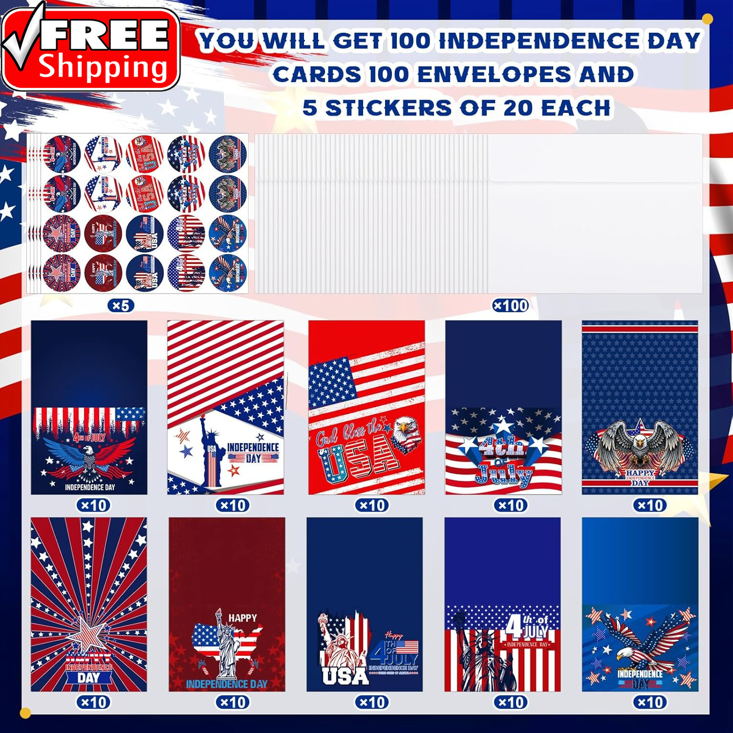 100 Pack 4Th of July Patriotic Greeting Cards with with Envelopes and Stickers A