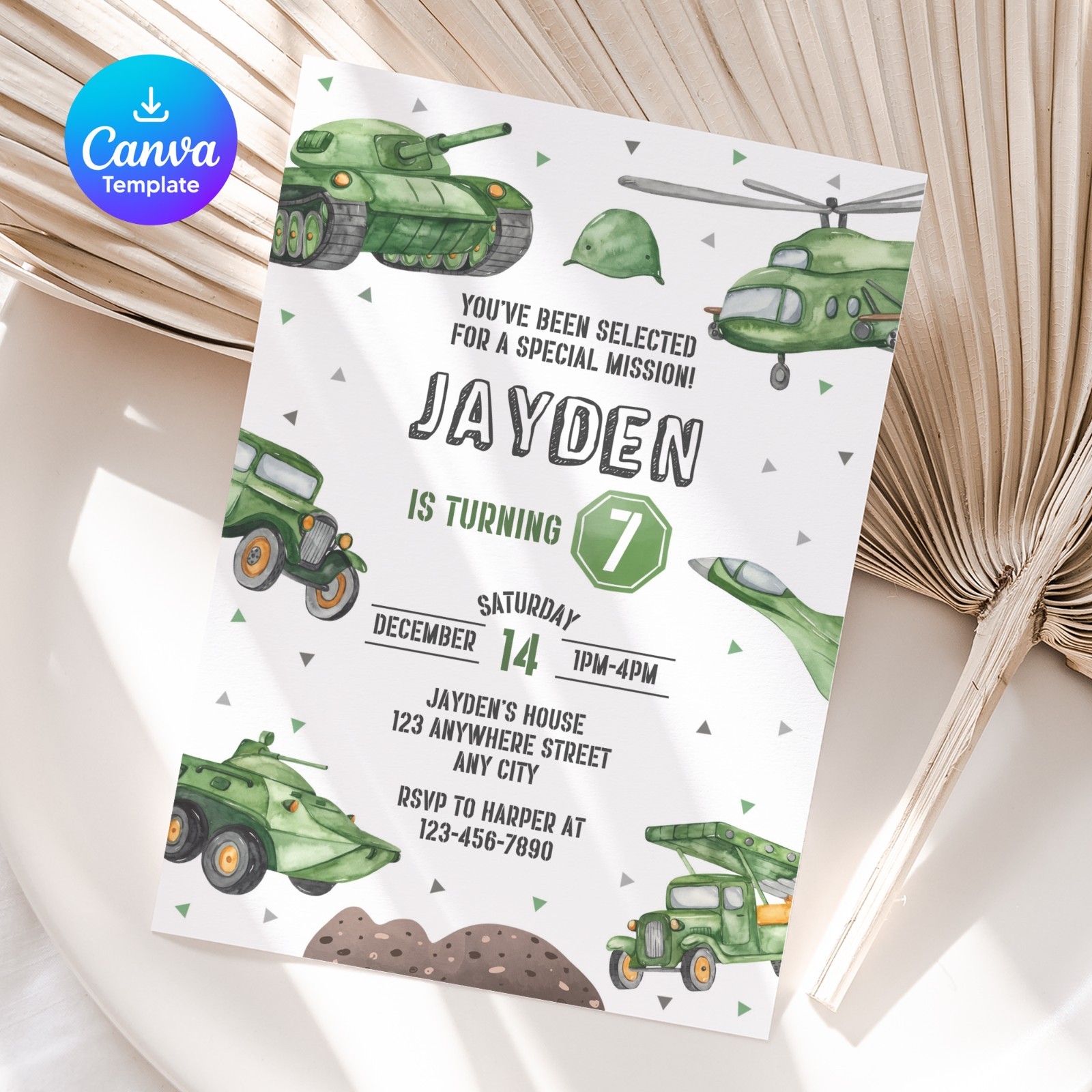Army Birthday Invitation Editable Canva Template Military Party Invite Printable