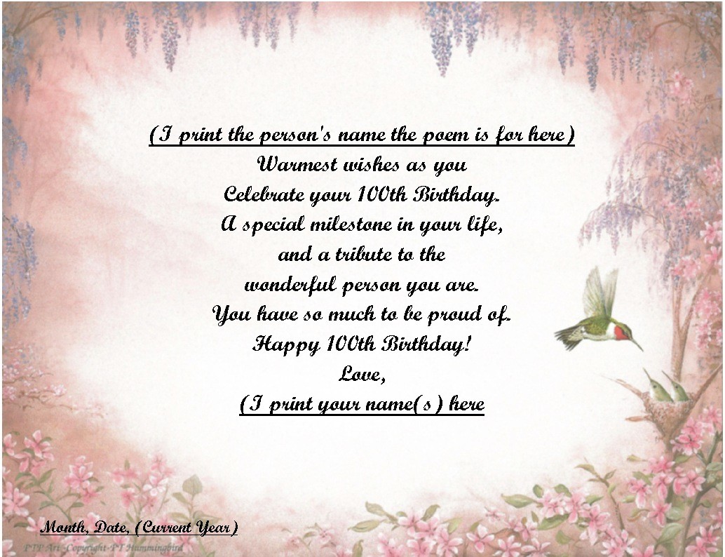 (See all 37 styles)Personalized Poem Gift 4 that Special Persons 100th Birthday