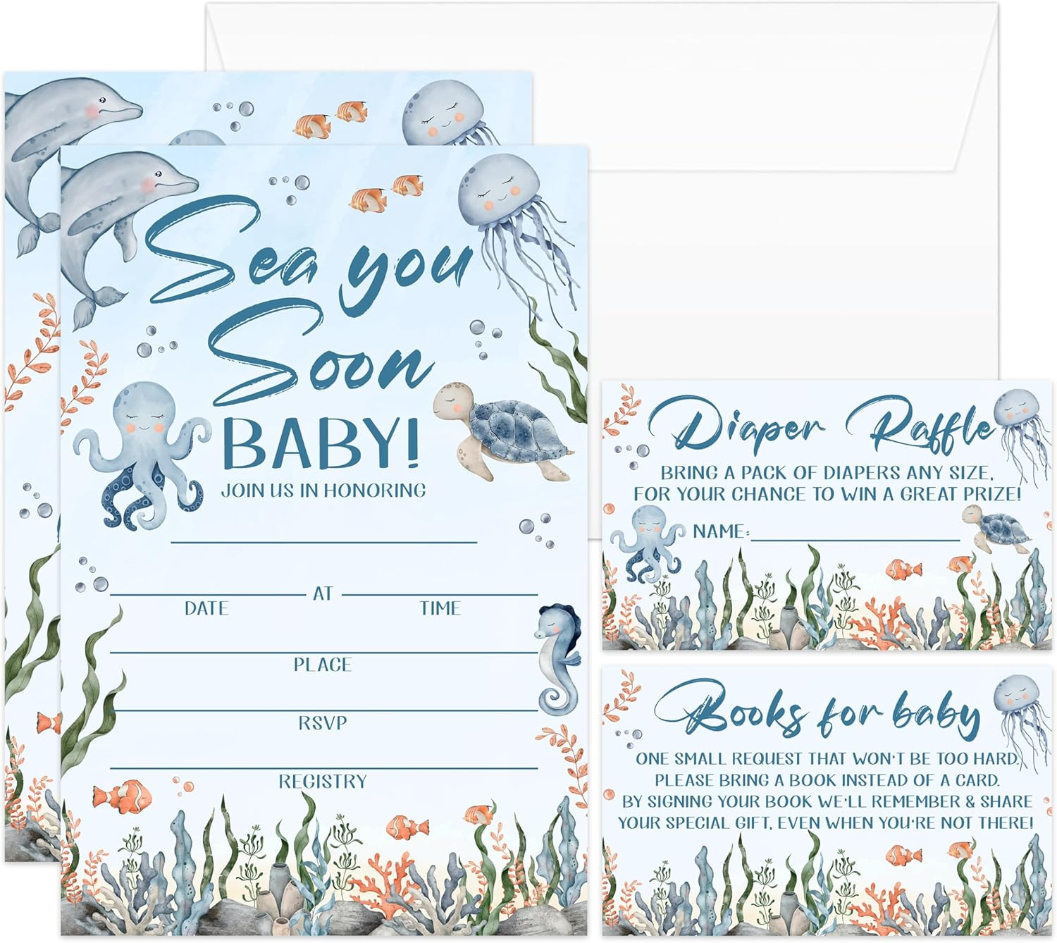 Sea You Soon Baby Shower Invitations – 25 Nautical Sea Creature Invites with Env