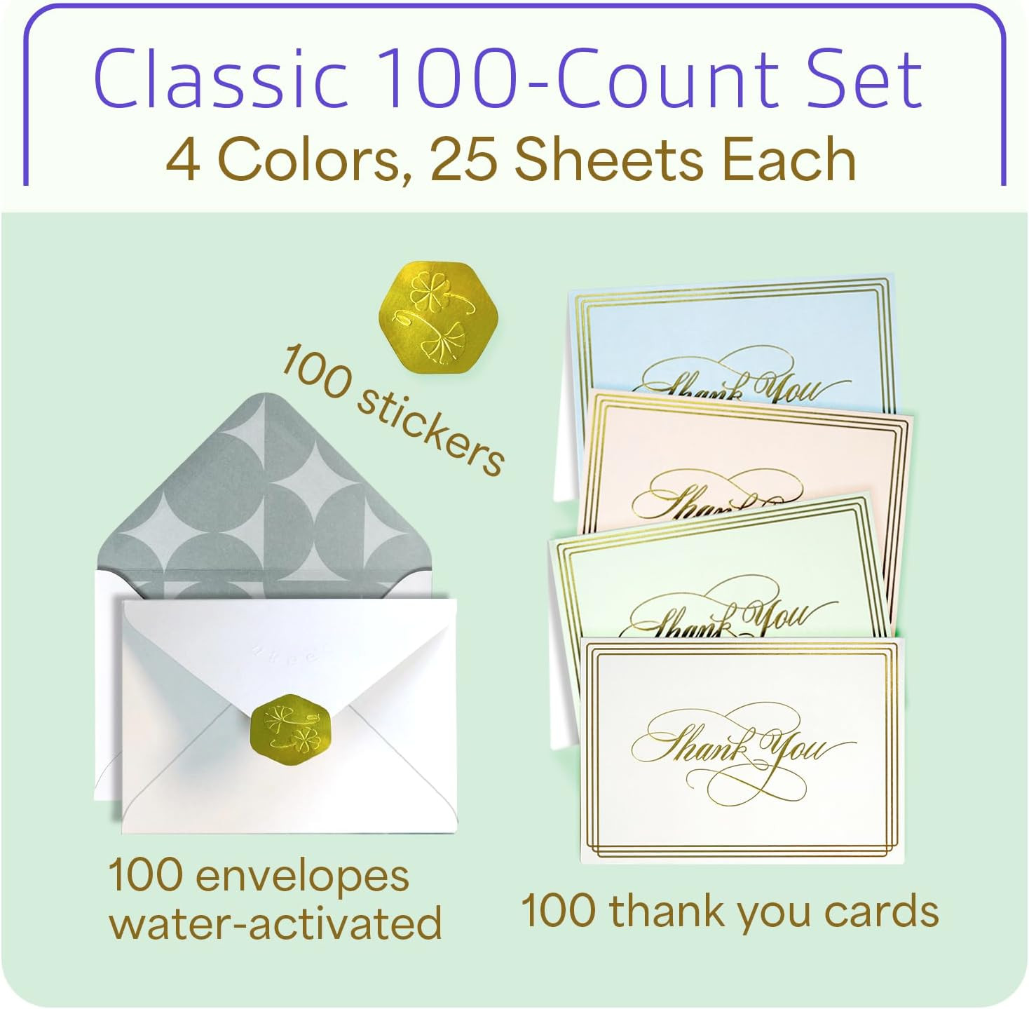 Thank You Cards with Envelopes 100-Pack, Blank inside 4-Color Embossed Gold Foil