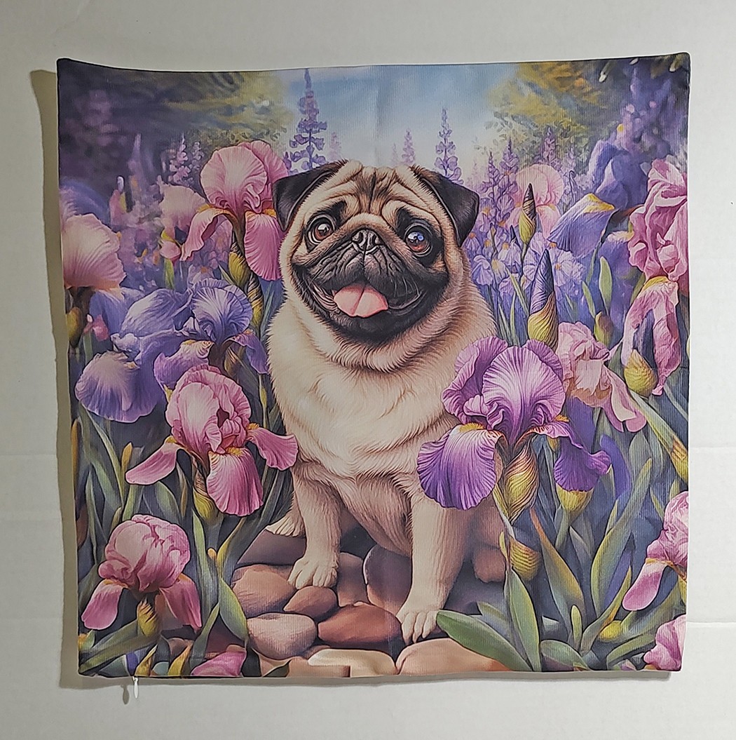 Pug Pillow Case Iris Flowers 18″ Square
