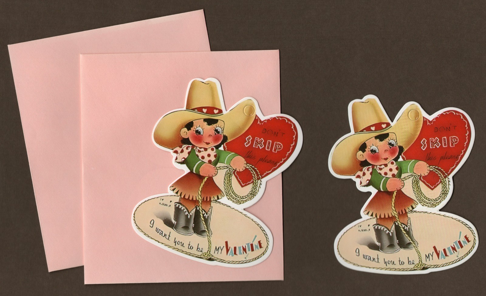 Set of 2 Retro Valentine’s Day Cards or Ornaments, Little Girl Cowgirl Victorian