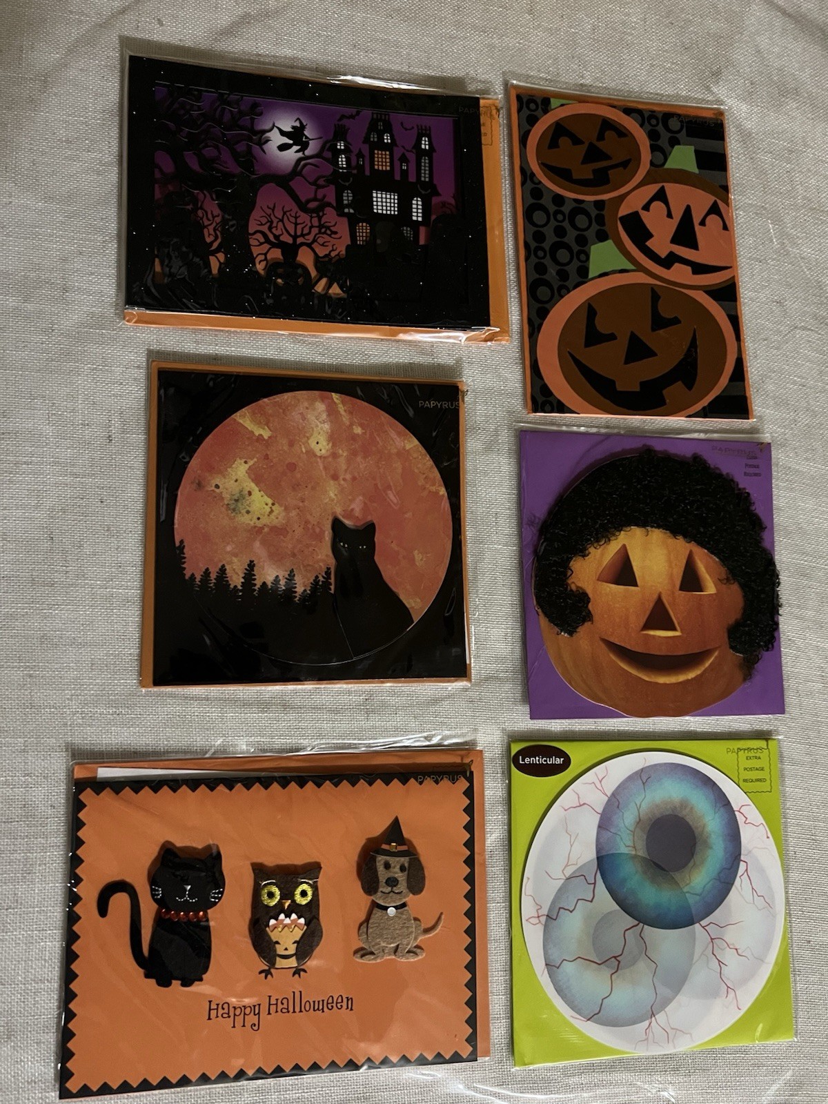 Papyrus Lot of 6 Halloween Greeting Cards Eyeball Pumpkin Cat NEW! Embellished