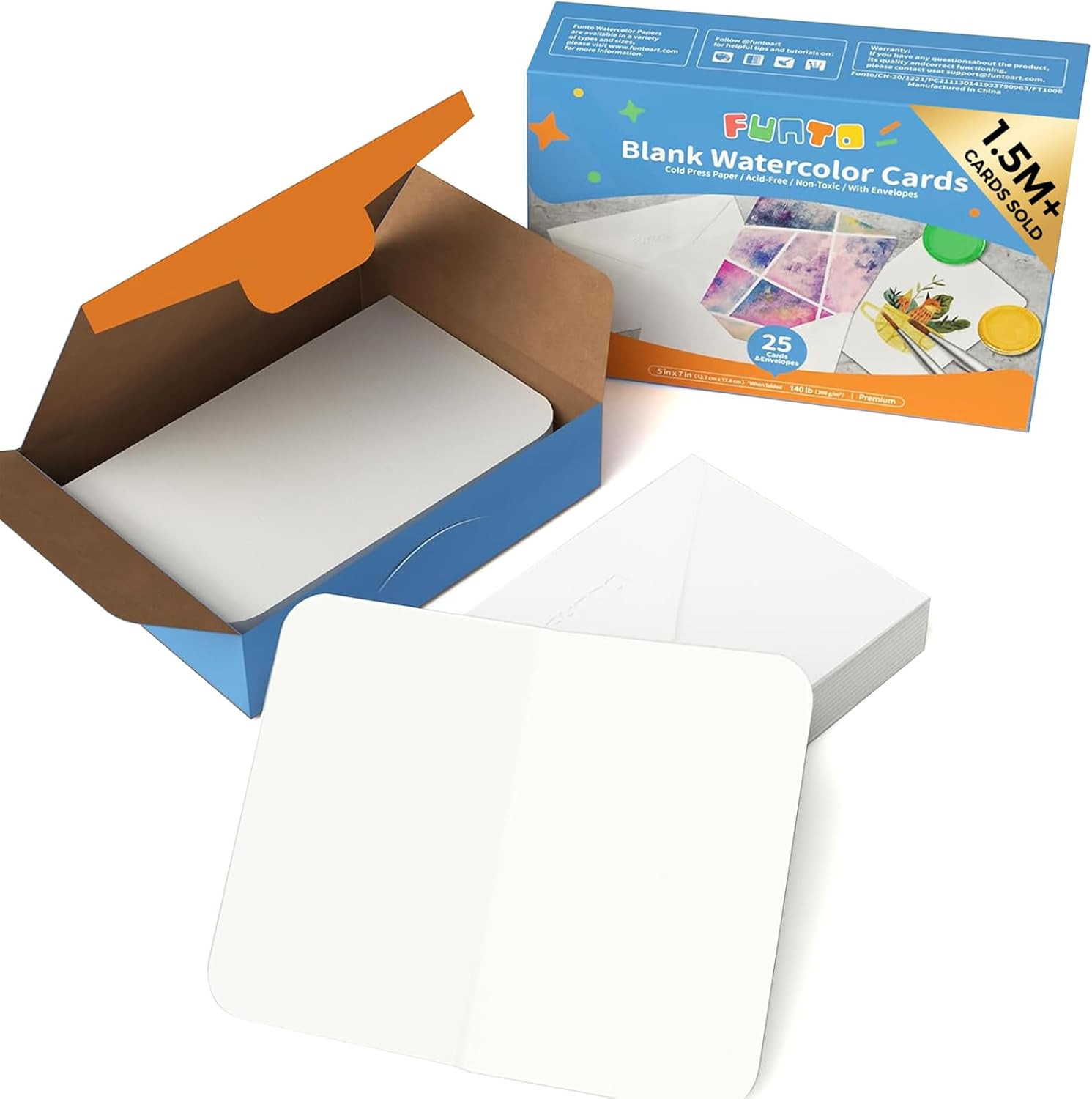 Funto Blank Watercolor Cards and Envelopes, 50 Cards, 5×7”, 140lb/300gsm, White