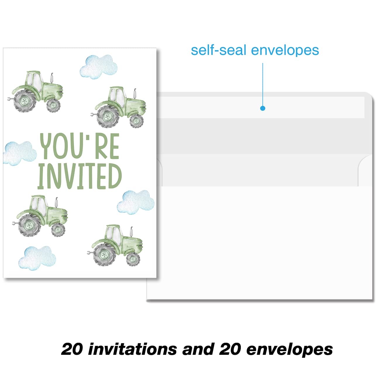 20 PCS Cute Tractor 1st Birthday Party Invitations Green Boy Farm 1 Year Old