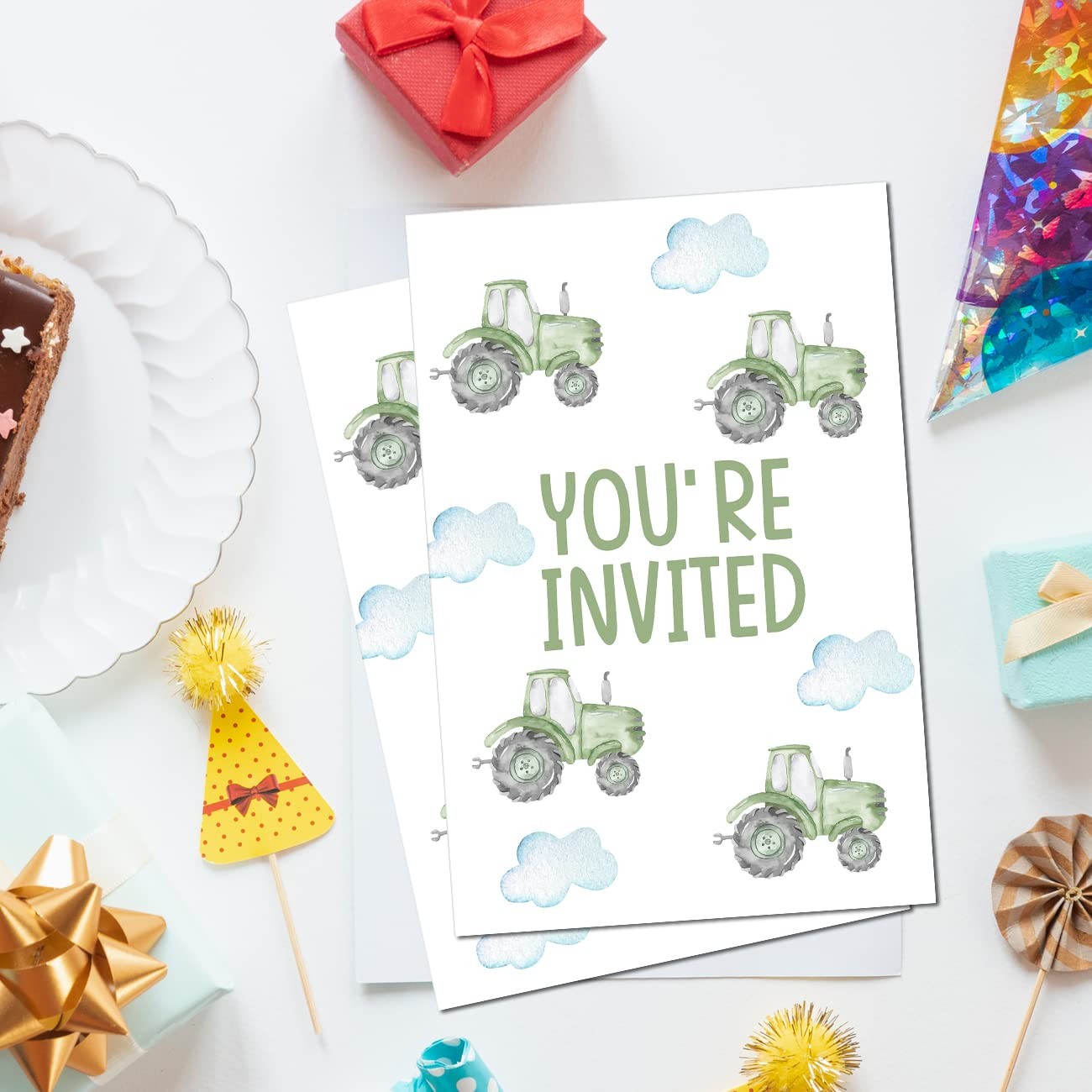 20 PCS Cute Tractor 1st Birthday Party Invitations Green Boy Farm 1 Year Old