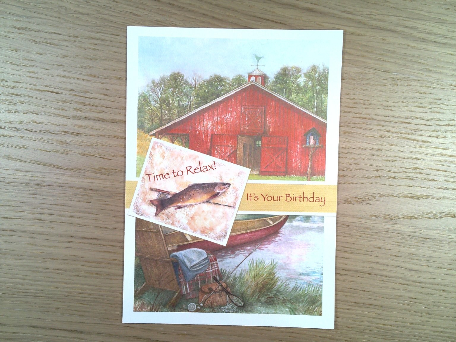 Birthday Greeting Card Rustic Barn Fishing Outdoors Judith Cheng USA