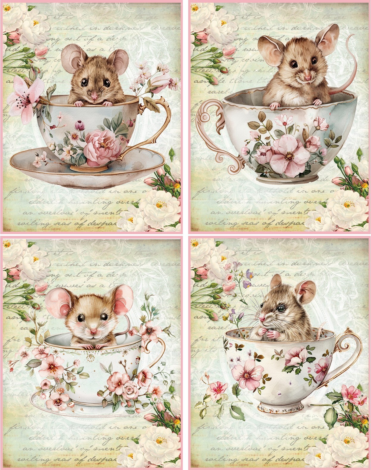 8 MICE IN CUPS FANTASY WHIMSICAL VINTAGE GLOSSY FOLD OUT NOTE CARD ORGANZA BAG