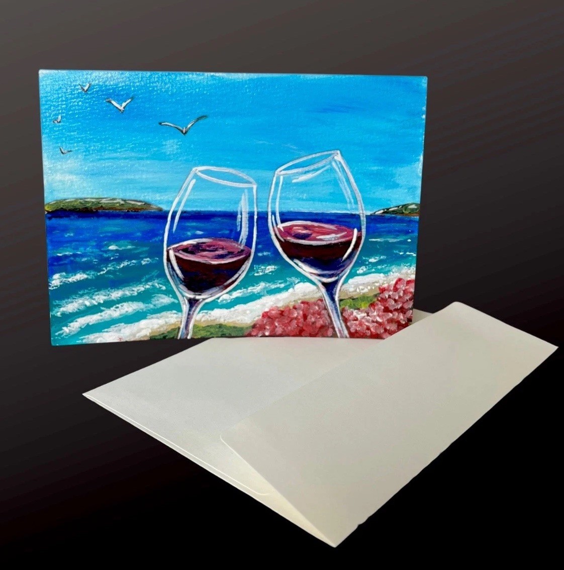 Framable Hand Painted Blank Greeting Card 5×7” w/Envelope Beach Side Wine
