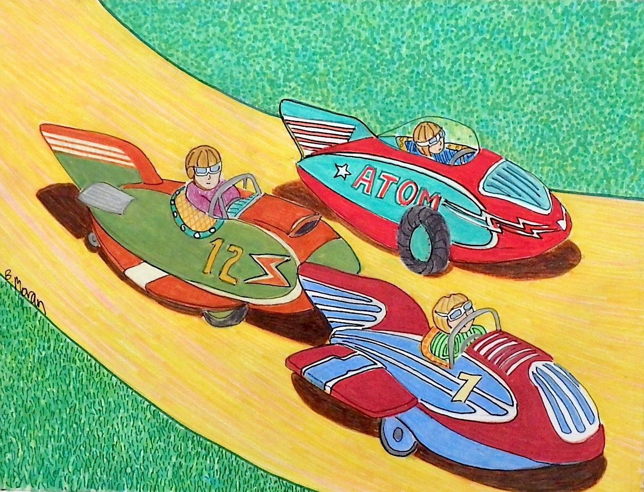 Vintage Japanese Space Toy Original Artist Print Note Cards- Three Rocket Racers