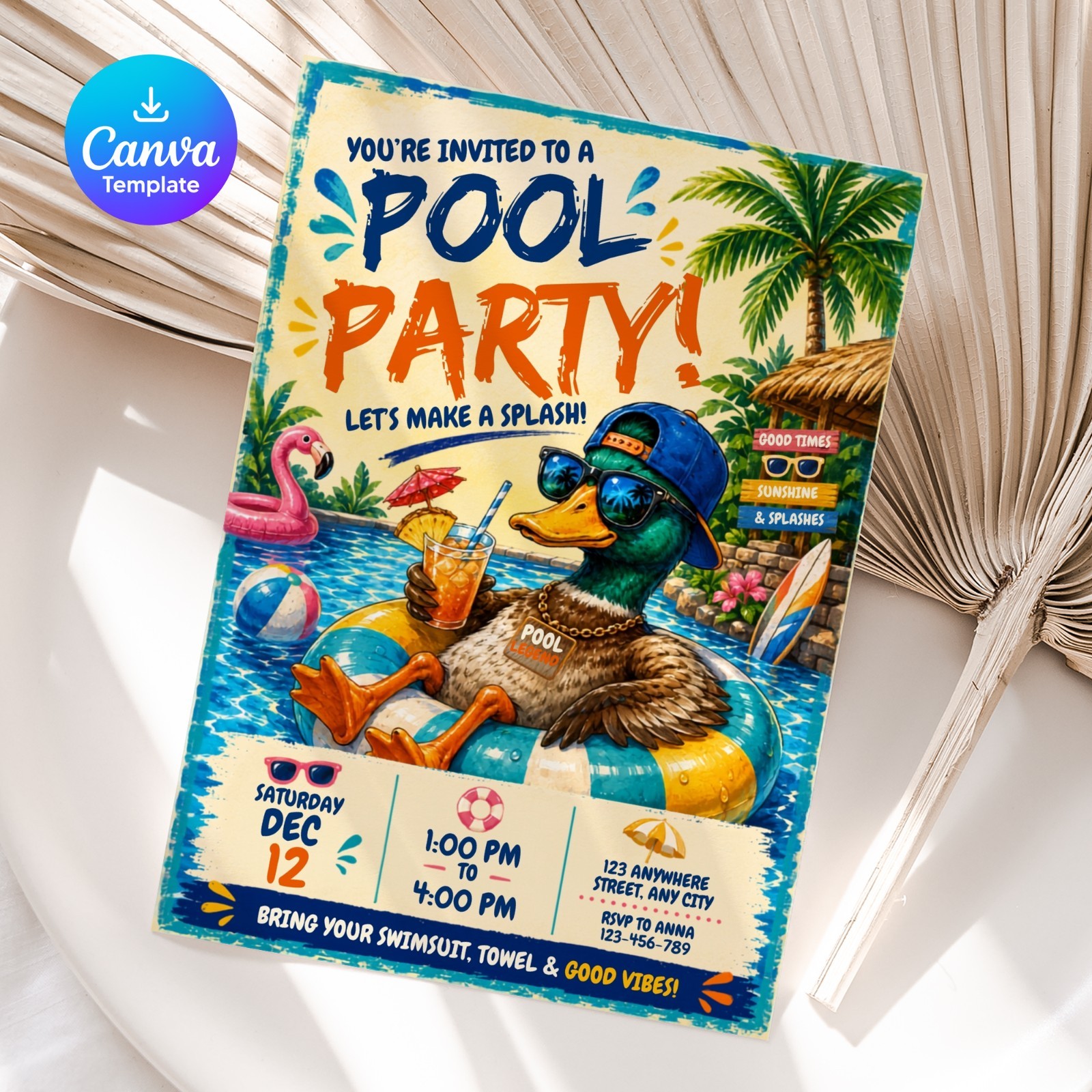 Cool Duck Pool Party Birthday Invitation Editable Canva Template Printable 5×7