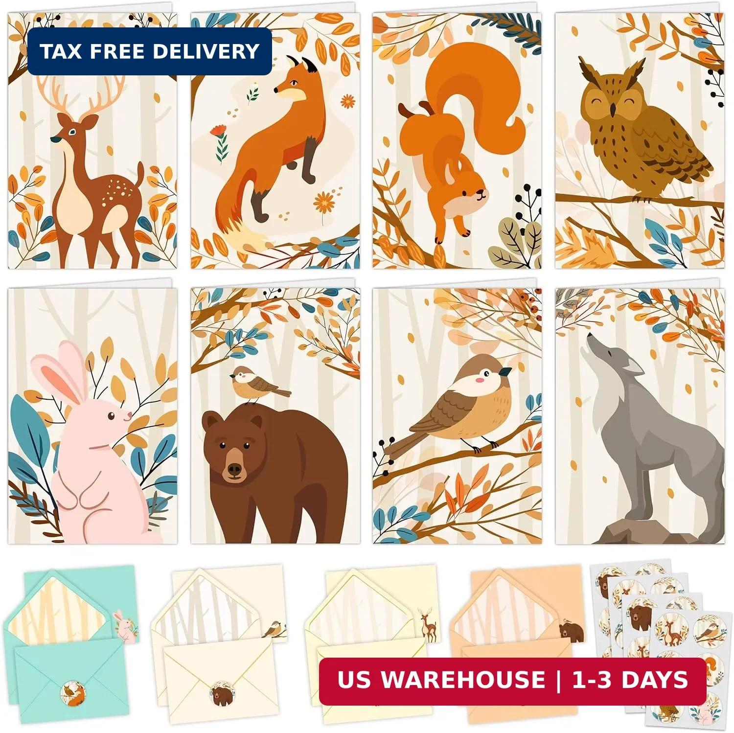 Decorably 24 Pack 4x6in Woodland Note Cards for Kids with Envelopes and Stickers