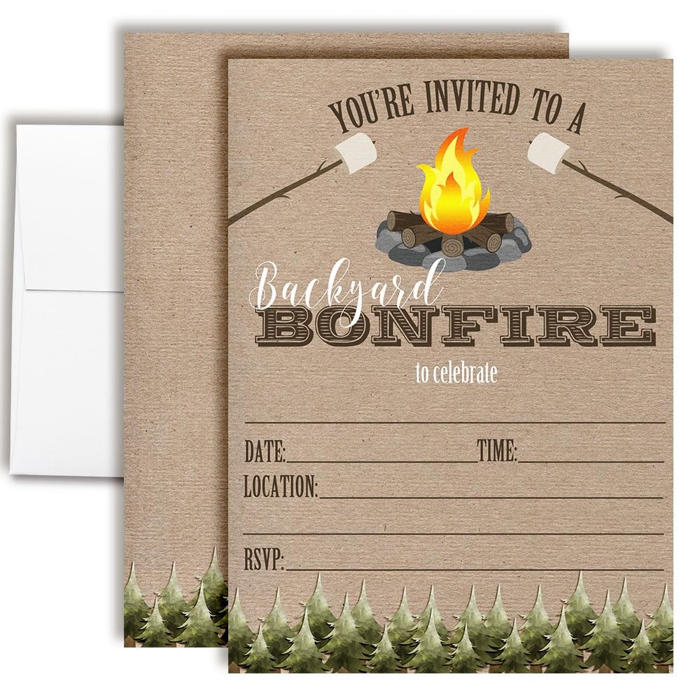 20 PCS Backyard Bonfire Party Invitation Fill In Card White Envelope 5×7 Inch