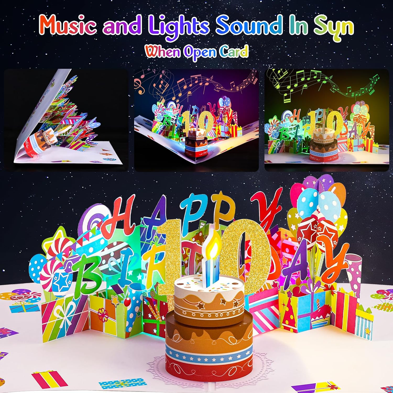 10TH Musical Birthday Popup Card, Blowable Colorful Light Candle 3D Cards