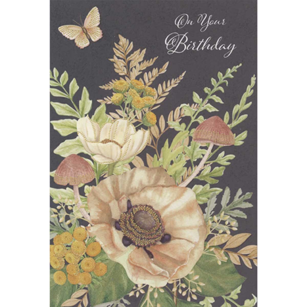Mushrooms Flowers Green Leaves Stems and Butterfly on Dark Birthday Card