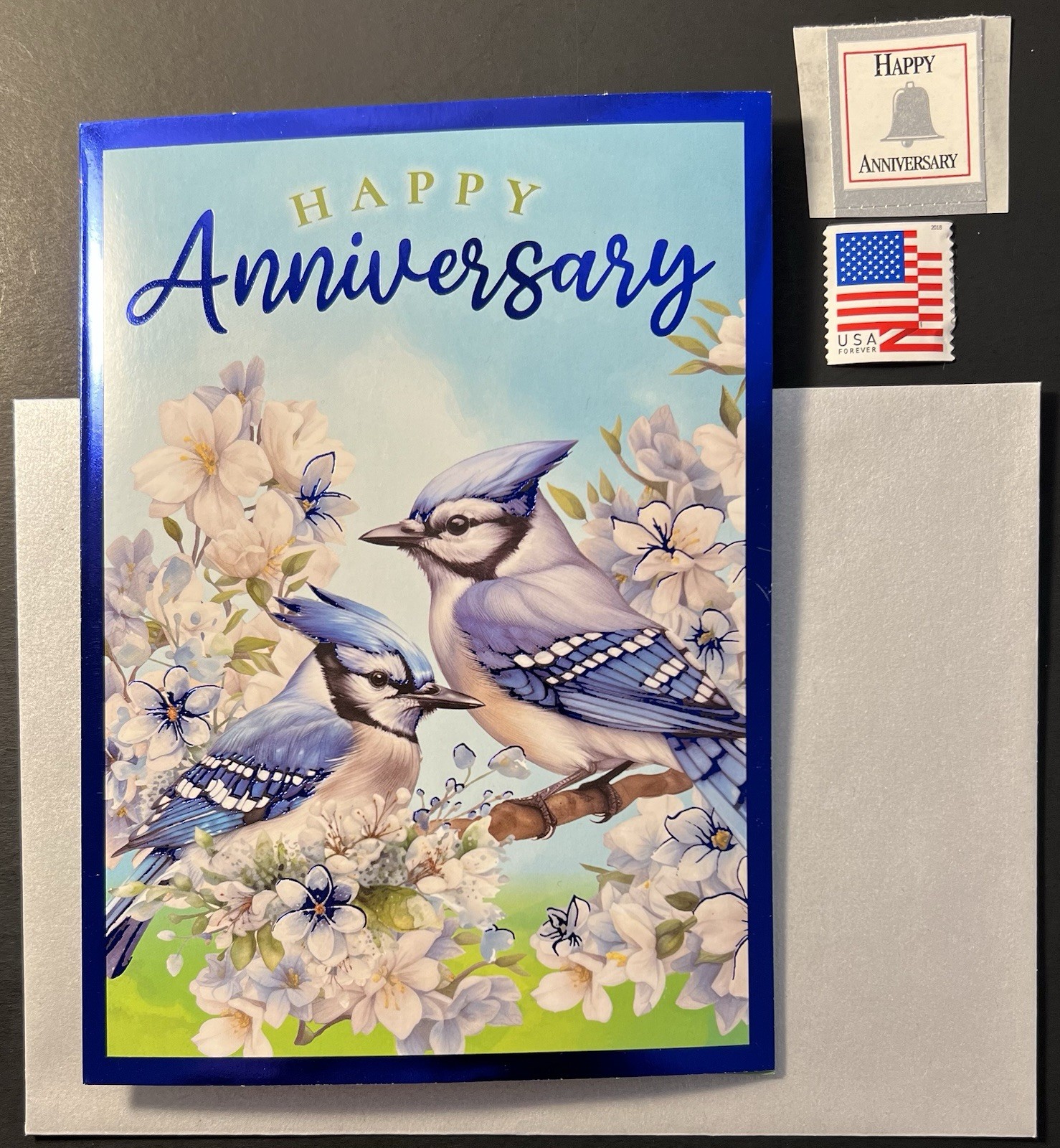 Happy Anniversary Blue Jays Greeting Card Wt Blossoms w/Metallic Env/Seal/Stamp