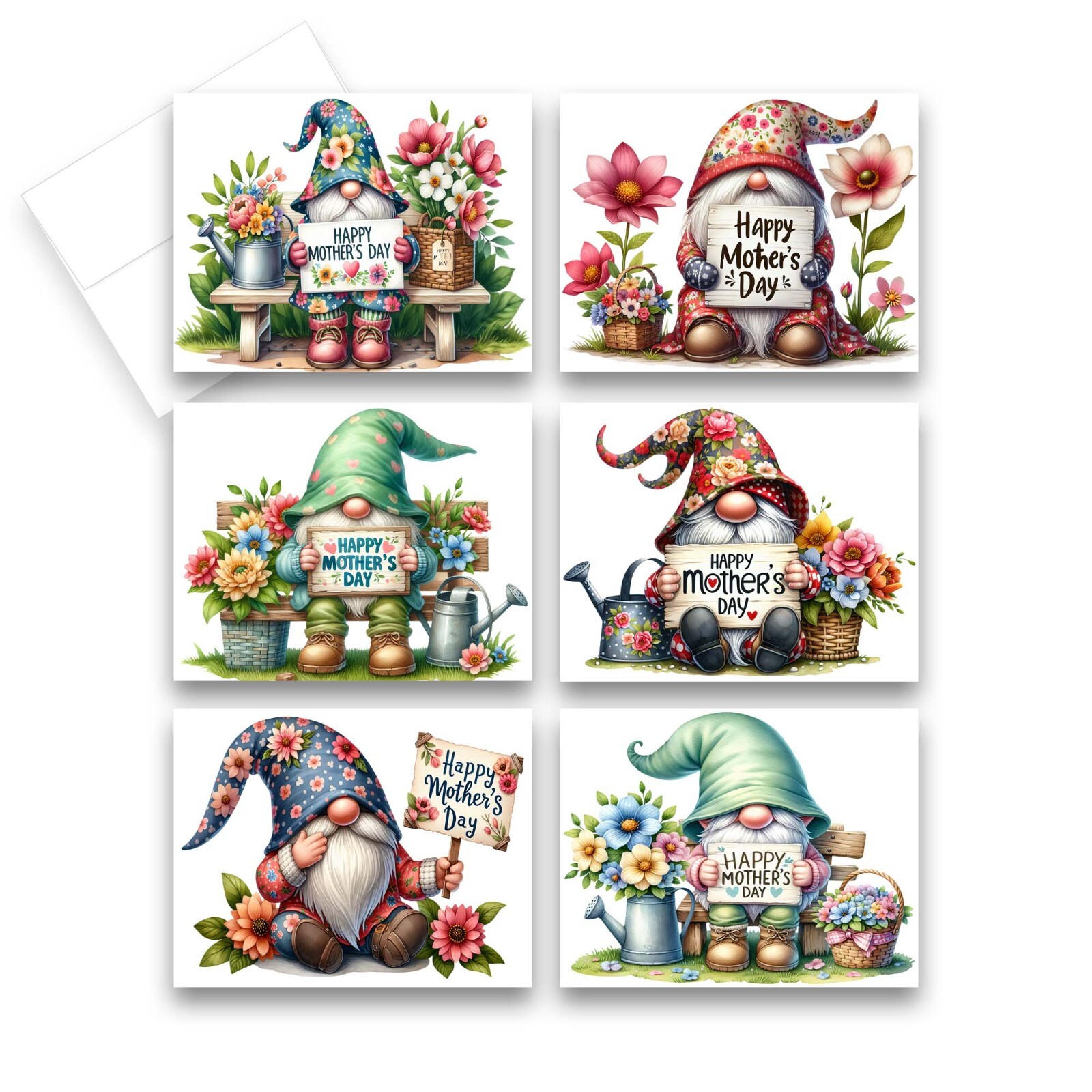 12 Assorted Happy Mother’s Day Gnome Greeting Cards ( 2 of each design )