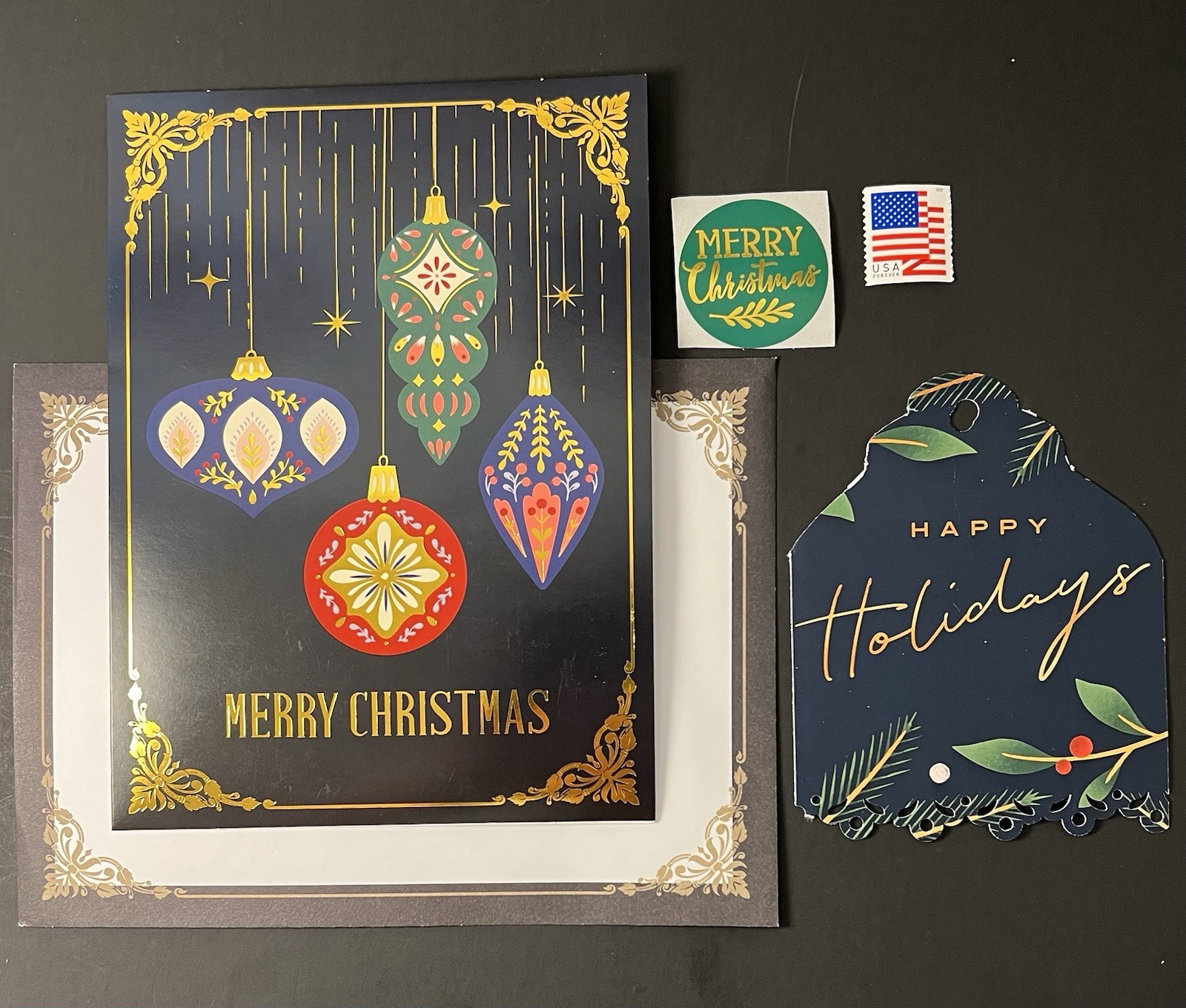 Beautiful Navy Blue Gold Foil Ornaments CHRISTMAS Card w/Env/Gift Tag/Seal/Stamp