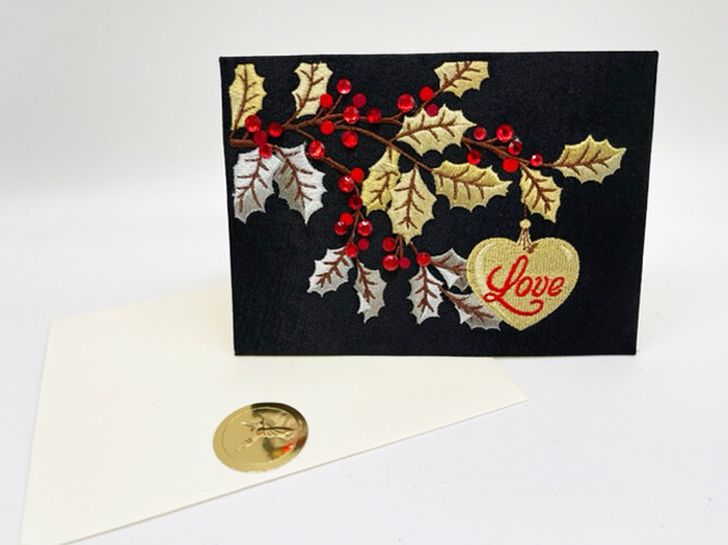 New Papyrus “Love” Heart Embroidered Holly Jewels Satin Christmas Greeting Card