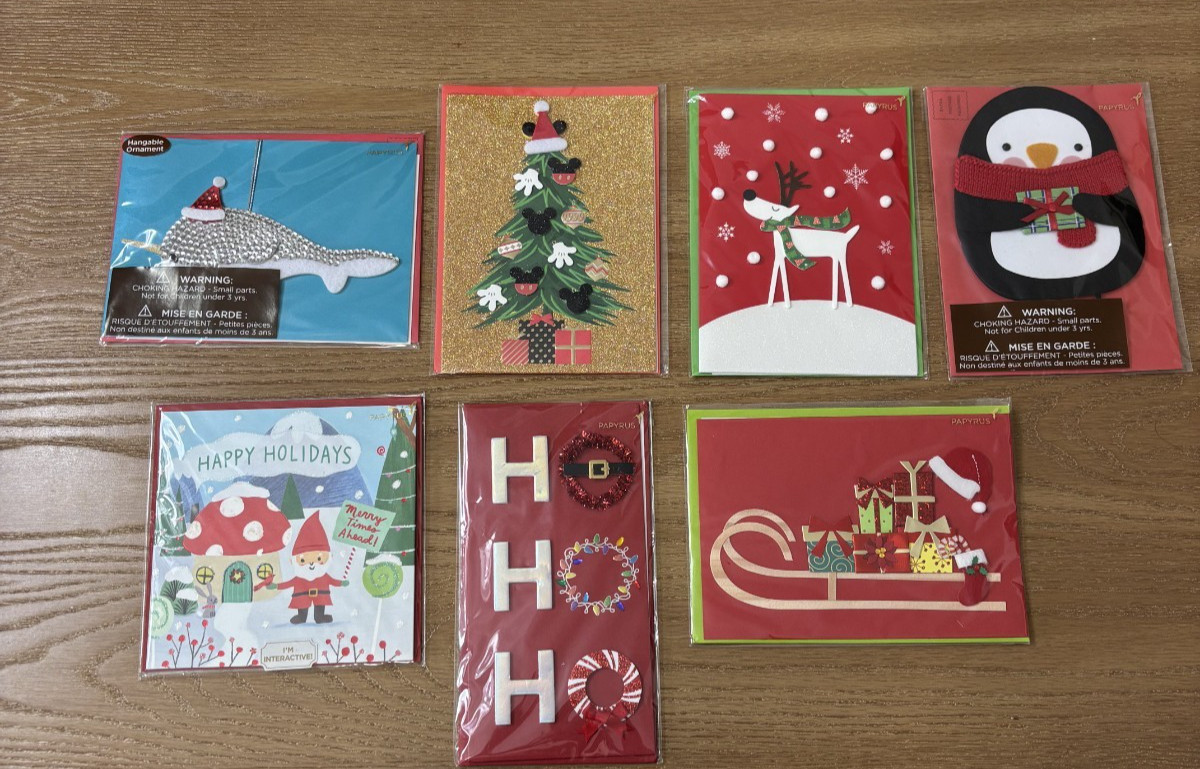Lot of 7 PAPYRUS Christmas Cards Assorted w/DISNEY Glitter Foil Envelopes NEW