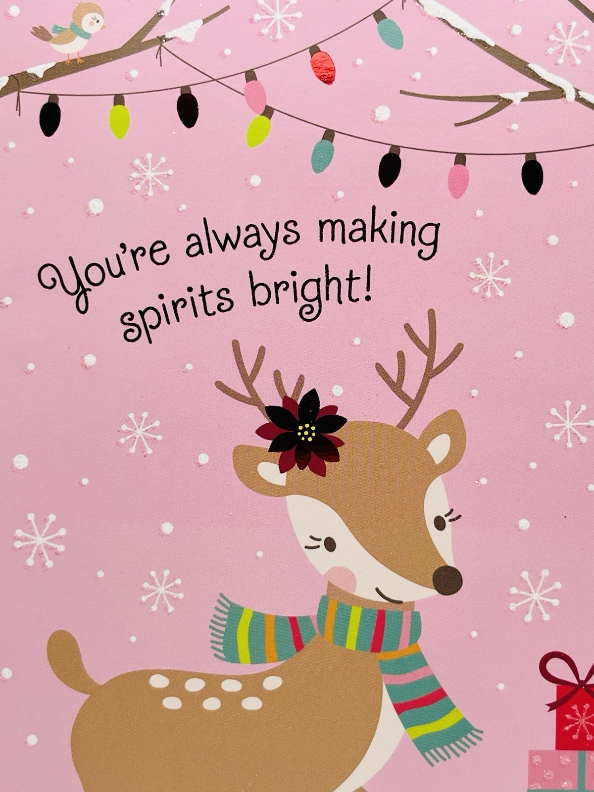 Christmas Card For Kid Cute Deer Making Spirits Bright Pink Hallmark Card
