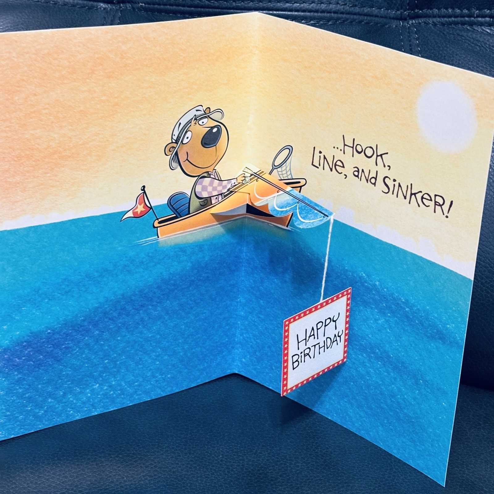 Fisherman Fishing Pop Up 3D Happy Birthday Card Vintage Hallmark Made in USA