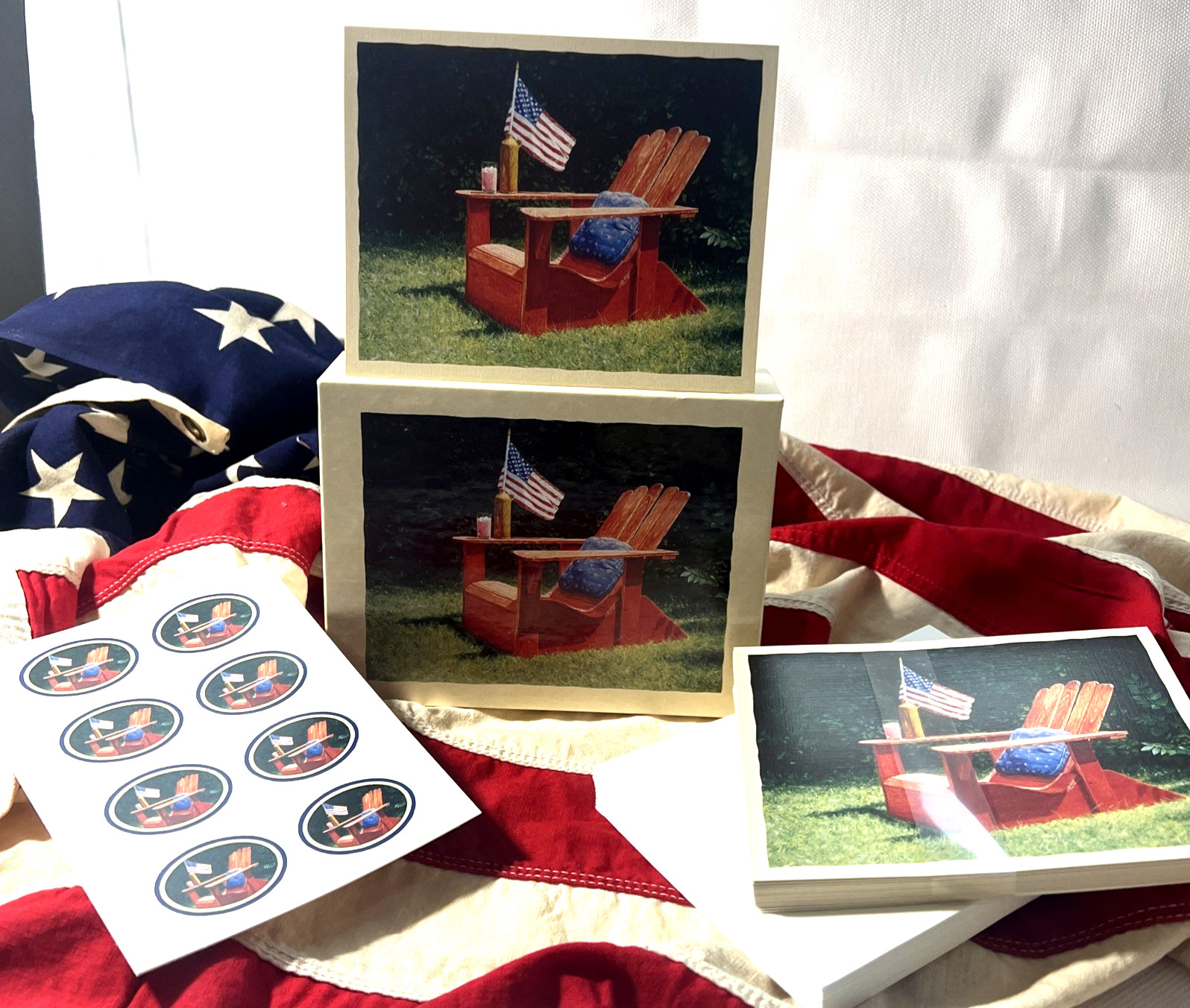 Bookmark Deluxe Patriotic Adirondack American Flag Notecards 16 Cards Envelopes
