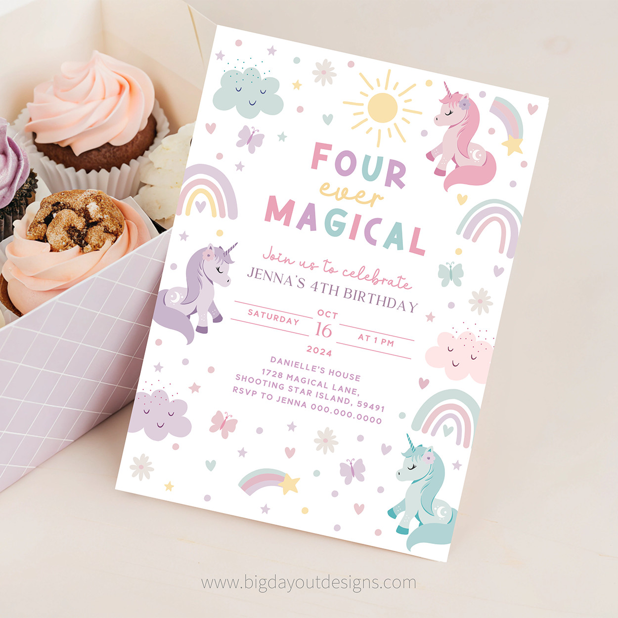 Unicorn 4th Birthday Invitation Girl Pastel Four Ever Magical Party Invite Canva