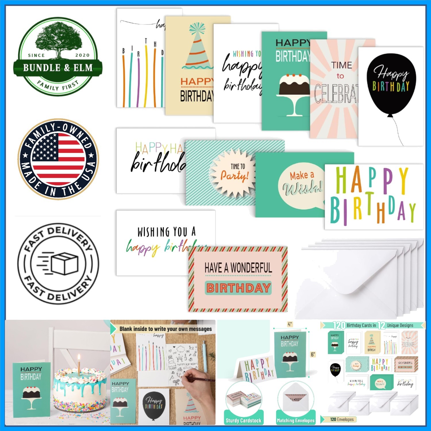Variety Pack of 120 Birthday Cards, Durable Cardstock for All Ages and Occasions